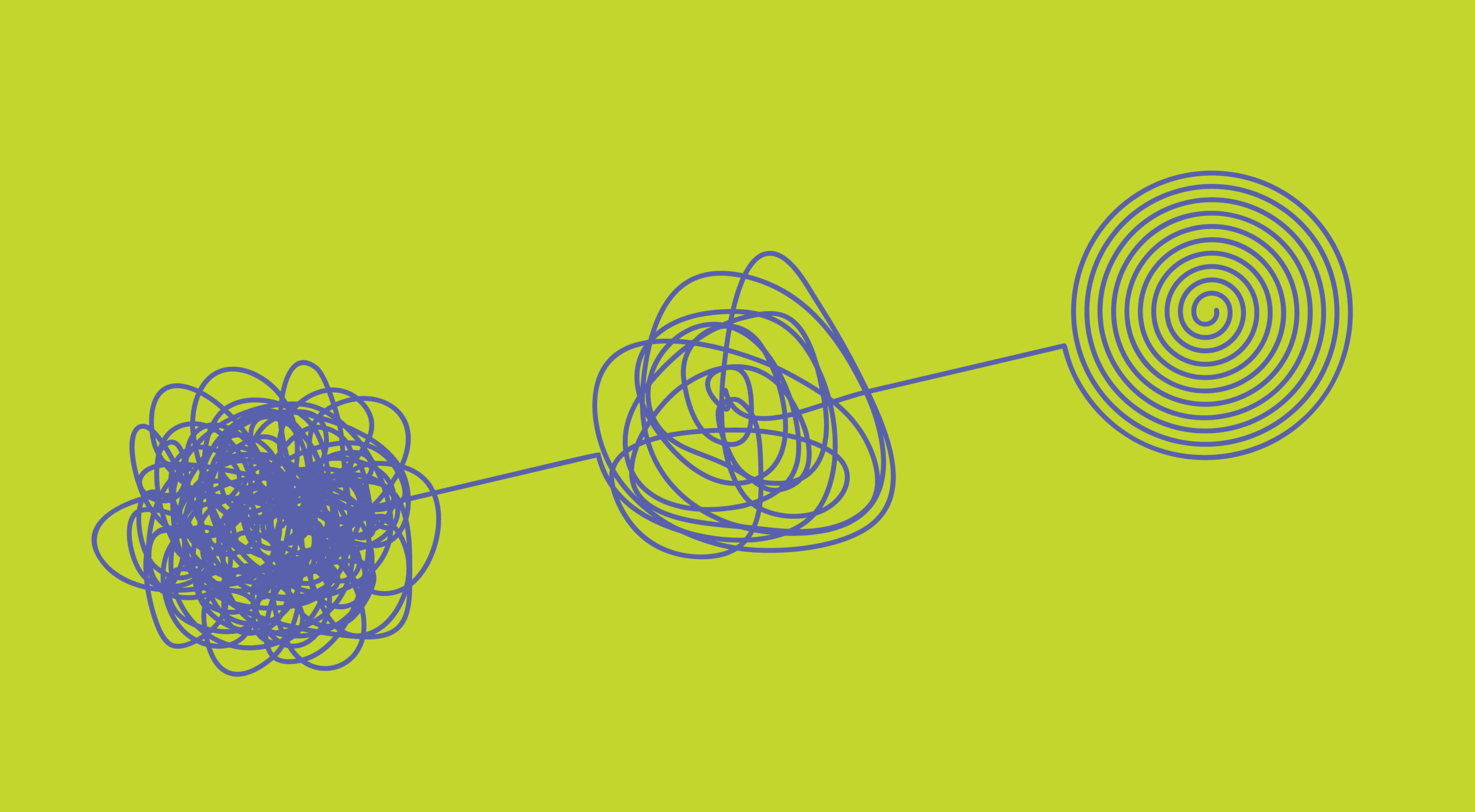 Vector image of refining creative ideas. A messy scribble to a more stylized spiral: blue on chartreuse.  By Jen Spinner. 