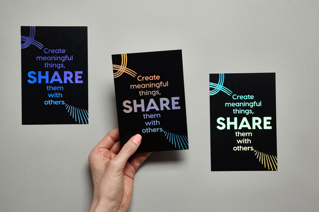 A set of three holographic foil printed flyers promoting Without Pretend by Jen Spinner