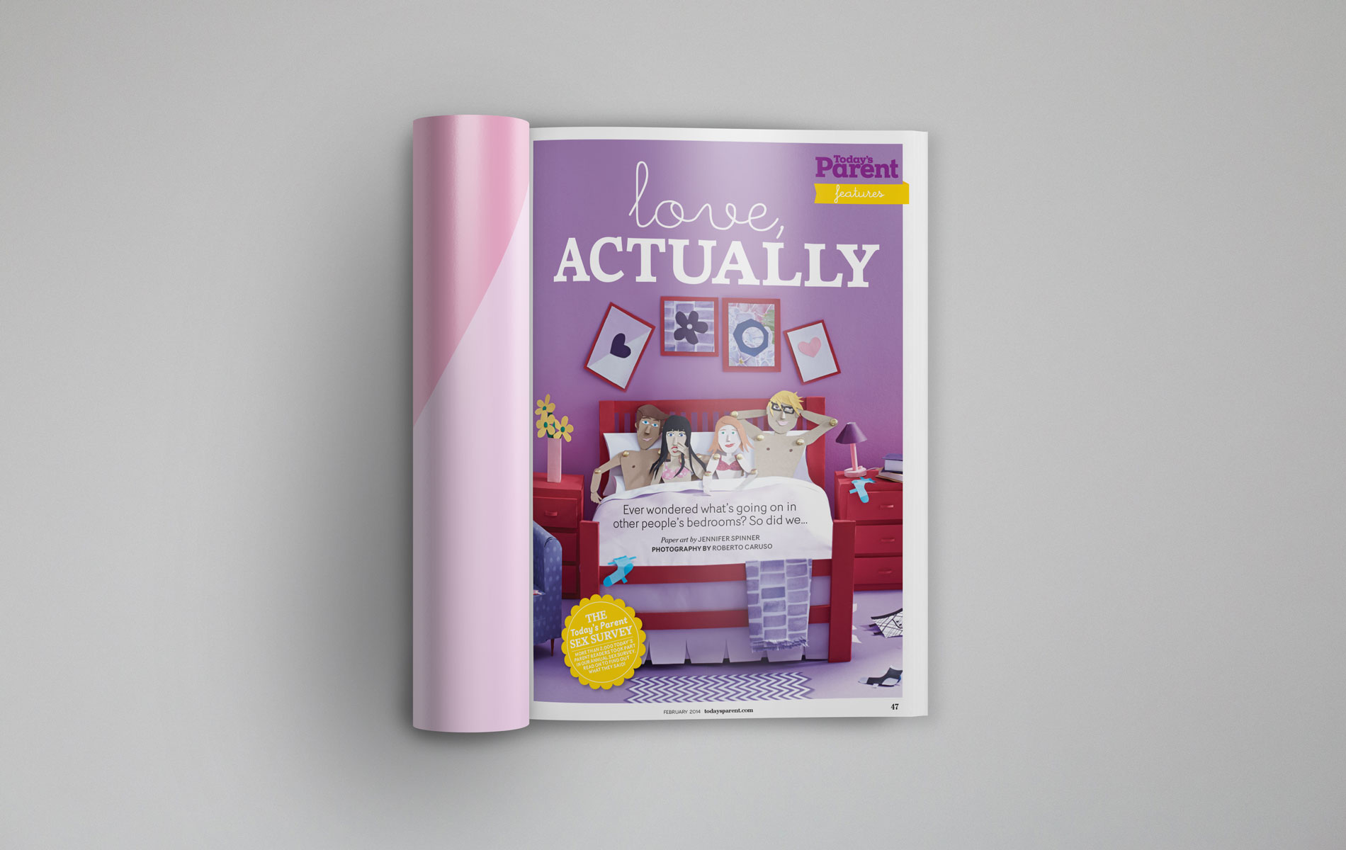 Love Actually swingers paper sculpture in situ. Magazine mock-up. Paper sculpture by Jen Spinner.